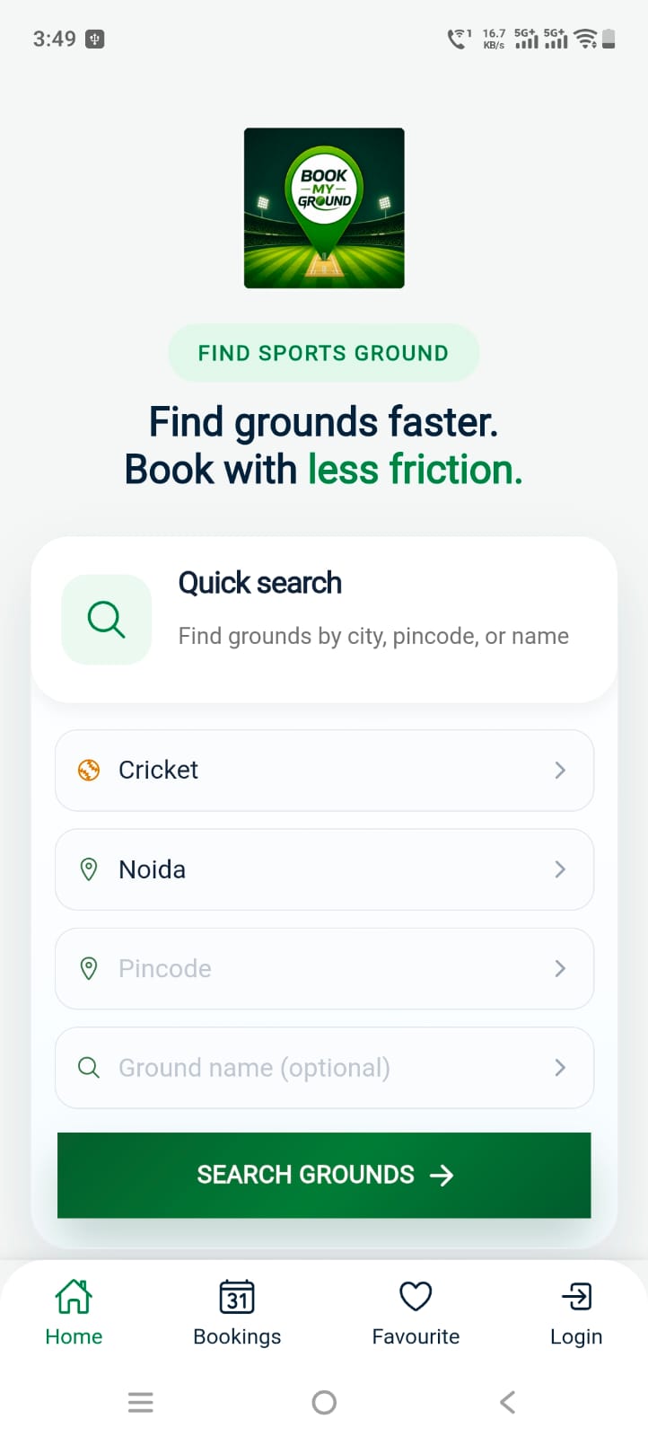Book My Ground mobile home screen