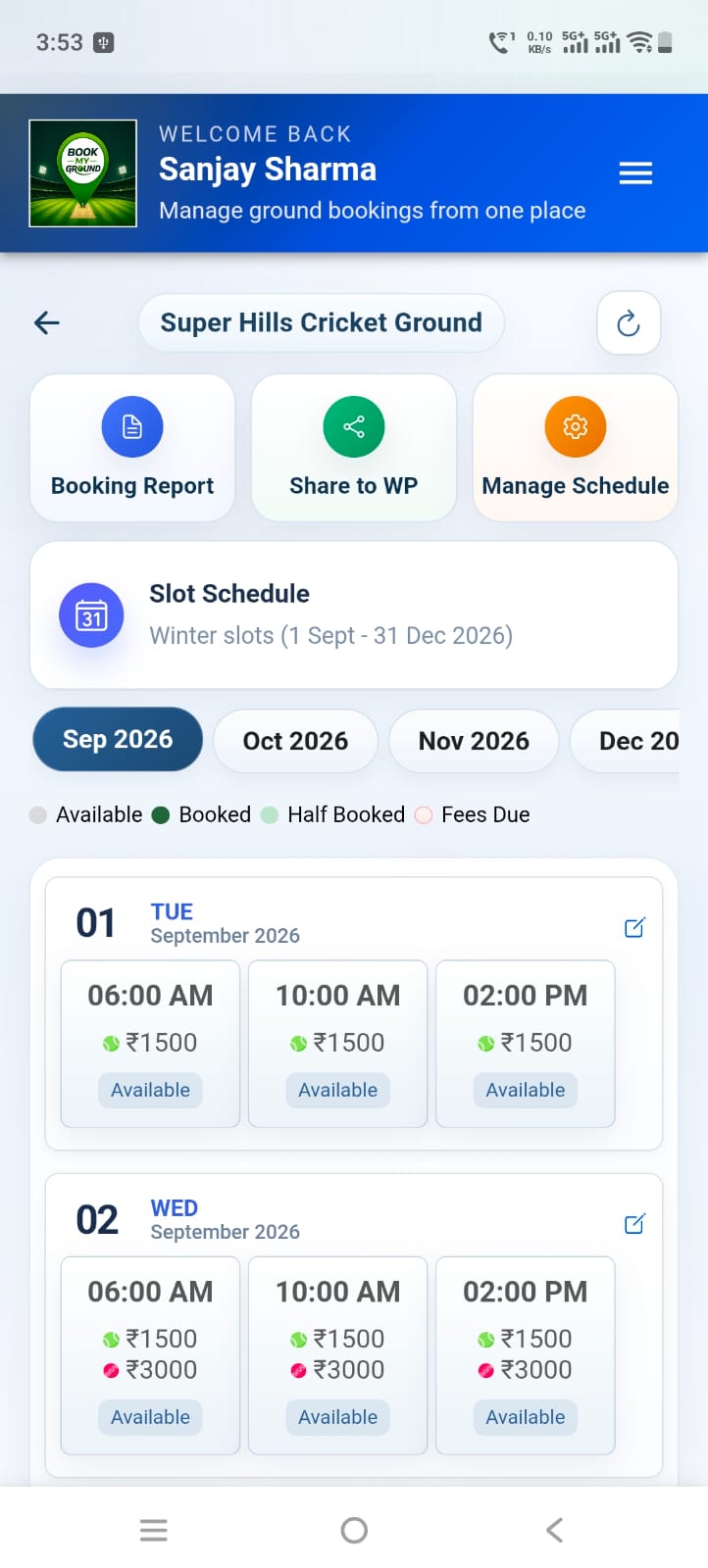 Slot pricing screen