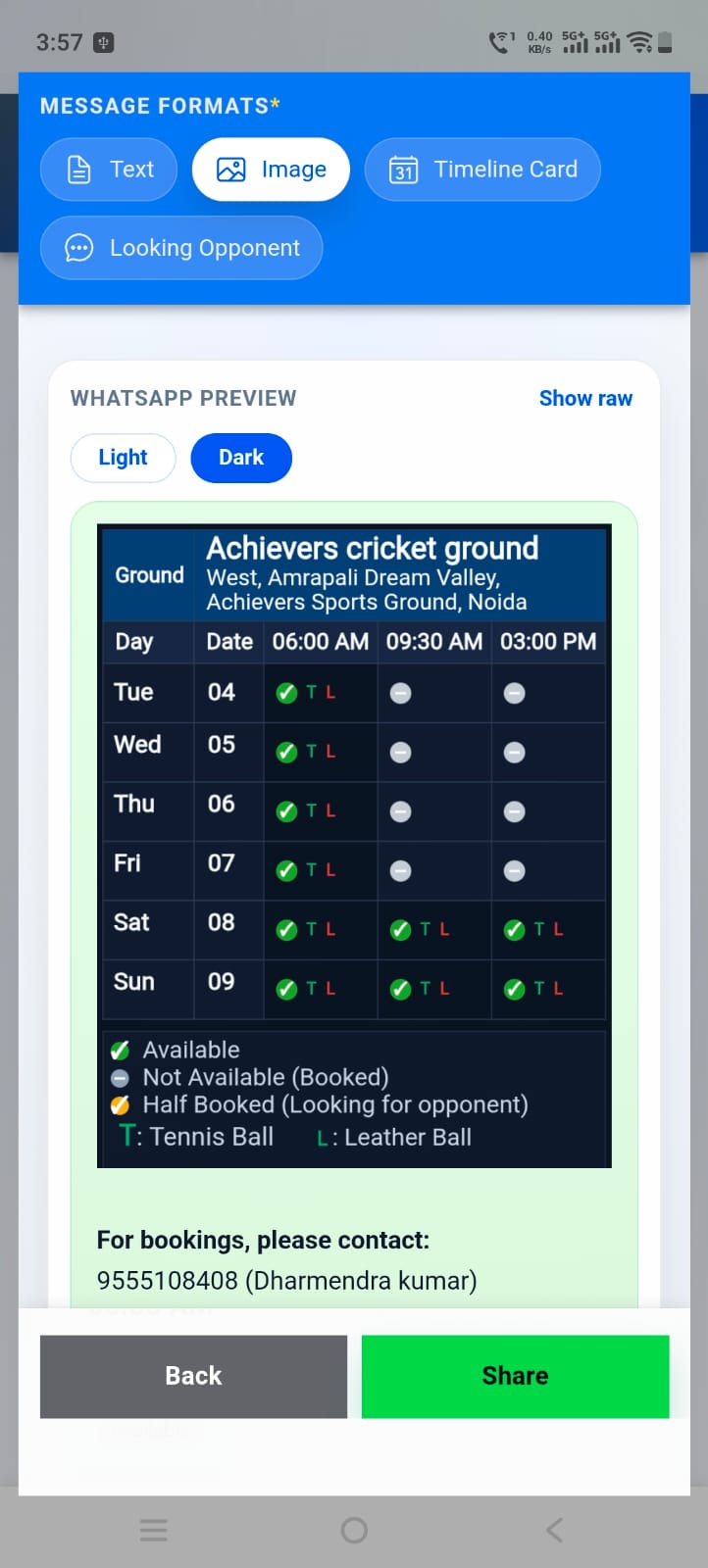 WhatsApp slot sharing screen